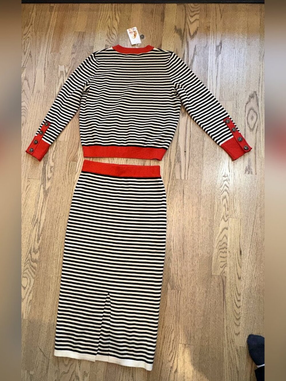 NWT PrettyGarden Black Cream Striped Knit Sweater and Midi Skirt Set Size M